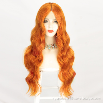 Vigorous Orange High Temperature Fiber Middle Deep Wave Hair Wigs Synthetic Lace Front Wig For Women Middle Part